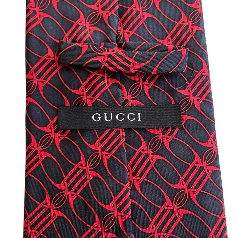 Gucci Silk Print Tie Navy Blue & Red